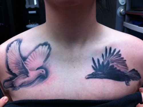 Flying Dove And Hawk Chest Tattoo
