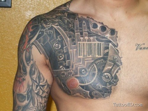 Grey Ink Biomechanical Chest Tattoo