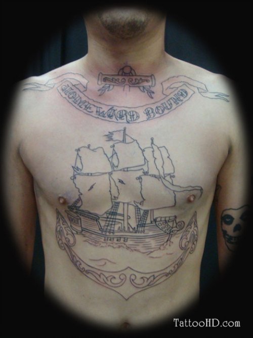 Large Ship And Achor Chest Tattoo