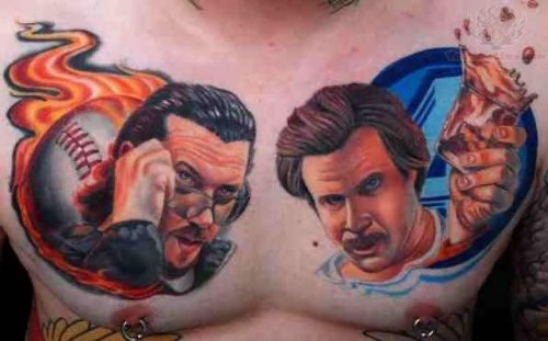 Kenny Powers and Ron Burgundy Tattoo On Chest