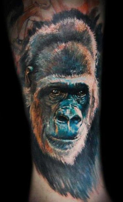 Cool Color Ink Chimpanzee Tattoo On Sleeve