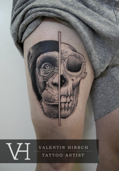 Chimpanzee Skull Tattoo On Thigh