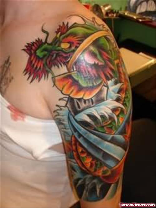 Colourfull Chinese Tattoo On Shoulder