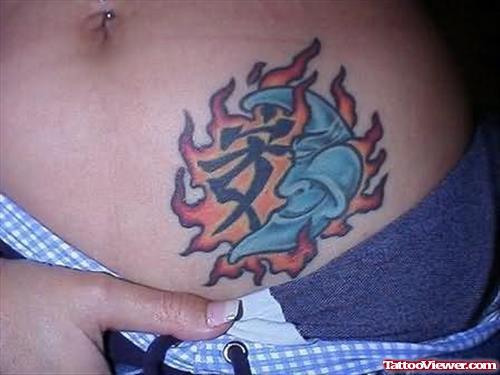 Colorful Fire Moon Chinese Tattoo