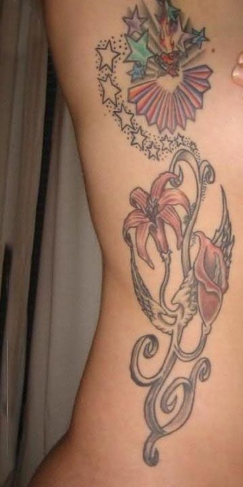 Chinese Flower Tattoo On Ribs