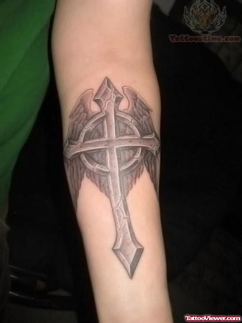 Grey Cross Tattoo On Arm