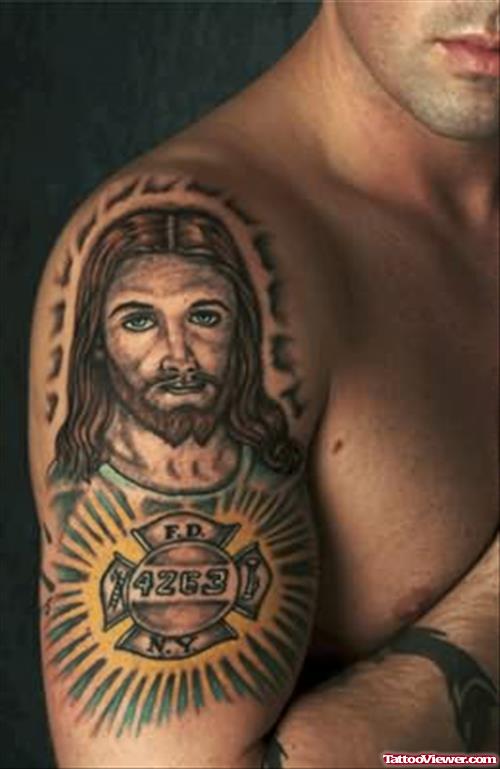 Religious Jesus Tattoo On Shoulder