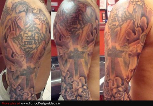 Cross And Christian Tattoo On Half Sleeve
