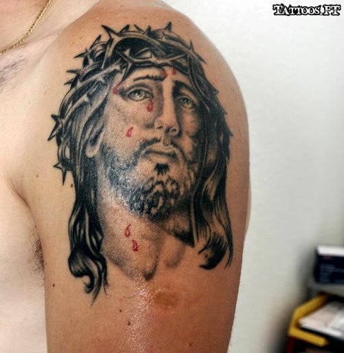 Jesus Christian Tattoo On Left Shoulder