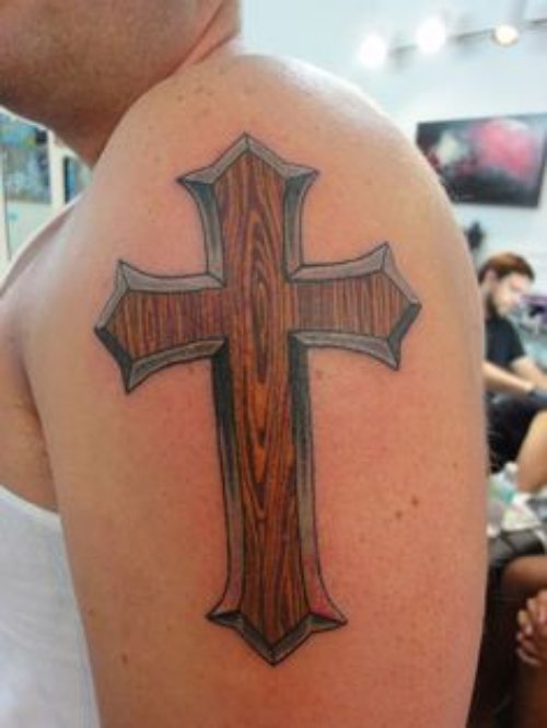 Man Left Half Sleeve Cross Christian Tattoo