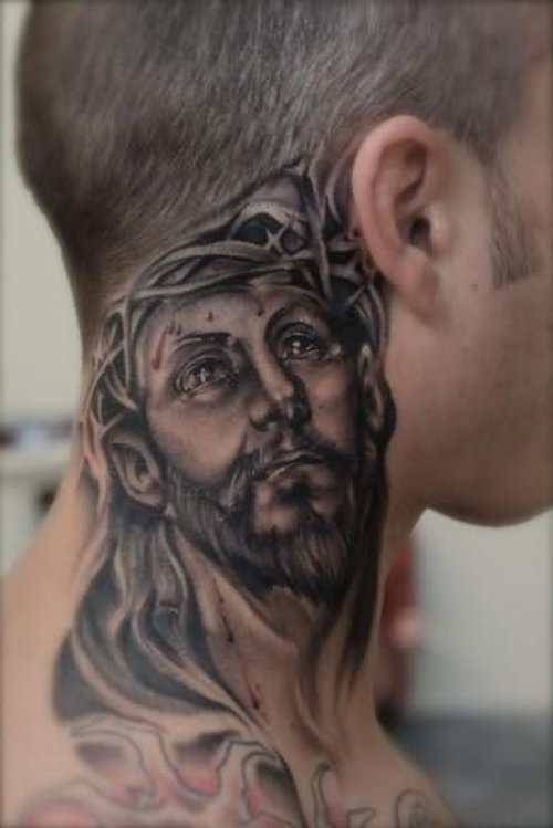 Grey Ink Jesus Face Christian Tattoo On Neck