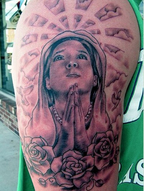 Grey Rose Flowers And Christian Tattoo On Half Sleeve