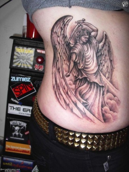 Grey Ink Angel Christian Tattoo On Side Rib