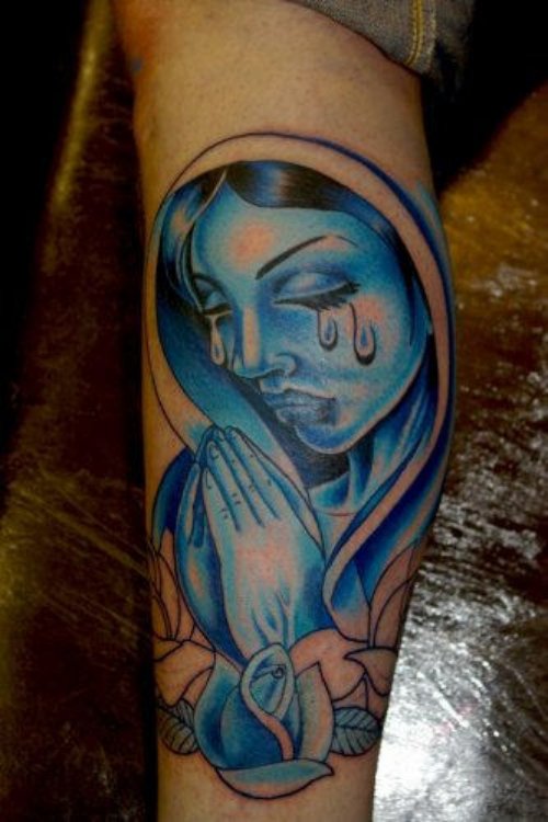 Blue Ink Virgin Marry Christian Tattoo On Leg
