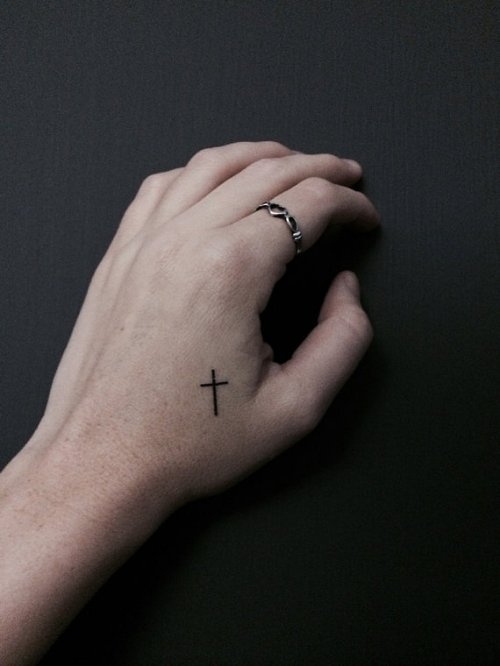 Tiny Black Cross Christian Tattoo On Left Hand