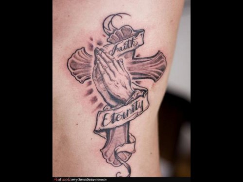 Grey Ink Cross And Praying Hands Christian Tattoo On Left Side