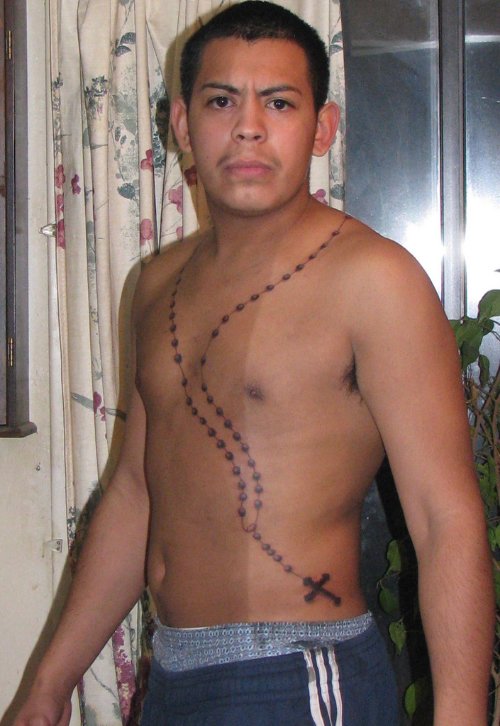 Rosary Christian Tattoo On Man Chest