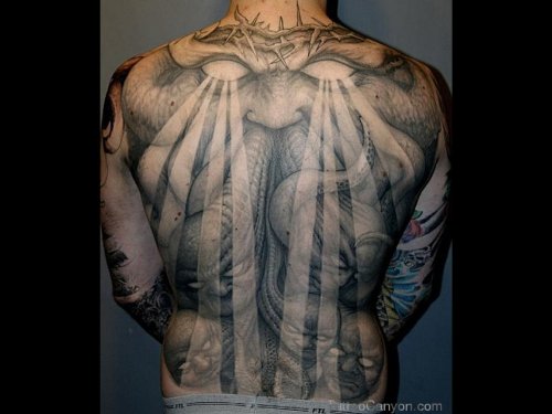 Christian Tattoo On Man Back Body