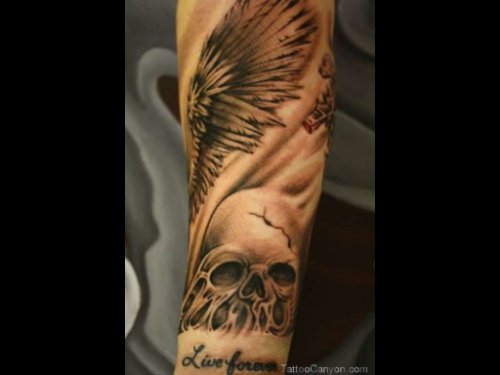 Skull And Flying Christian Tattoo On Sleeve