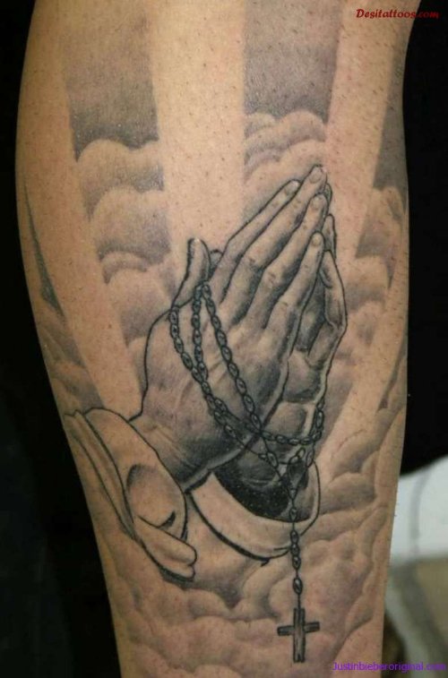 Praying Hands With Rosary Cross Christian Tattoo