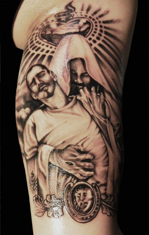 Black Ink Religious Christian Tattoo On Sleeve