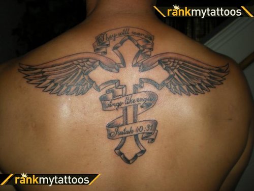 Winged Cross With Banner Christian Tattoo On Upperback
