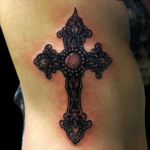 ancient christian Cross Tattoo On Side Rib