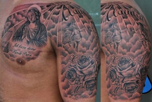 Man Chest And Half SLeeve Christian Tattoo