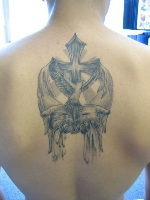 Grey Ink Cross Christianity Tattoo On Back