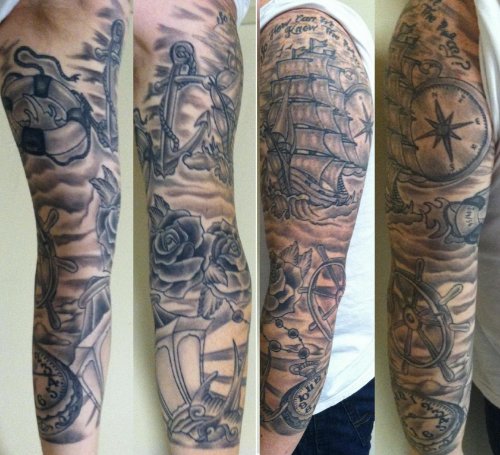 Grey Ink Christianity Tattoos On Sleeve