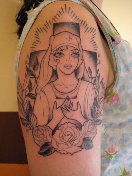 Rose And Nurse Christianity Tattoo On Half Sleeve