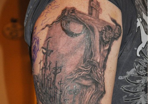 Cross And Jesus Head Christianity Tattoo On Half Sleeve