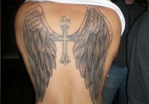Grey Ink Winged Cross Christianity Tattoo On Back