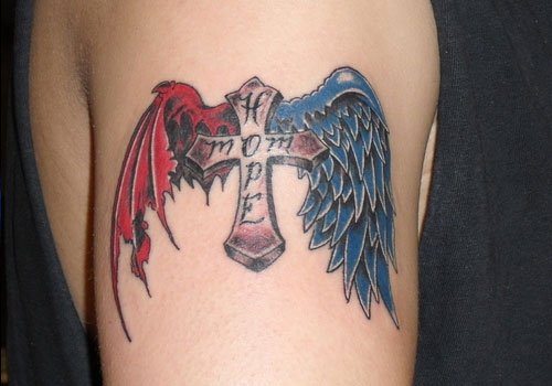Devil And Angel Winged Christianity Tattoo On Bicep