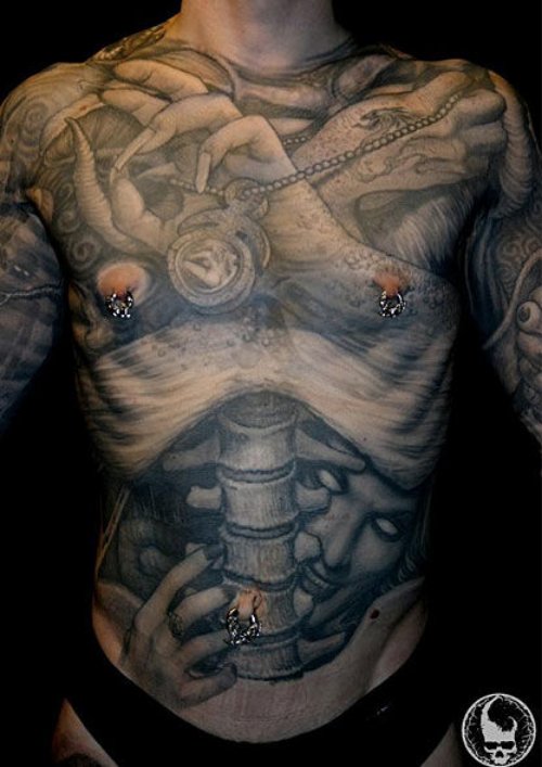 Grey Ink Christianity Tattoo On Man Chest