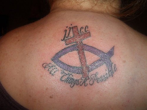Cross And Jesus Fish Christianity Tattoo On Man Upperback