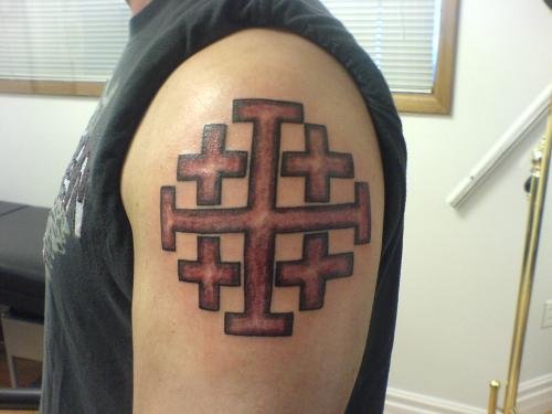 Christianity Tattoo On Man Left Shoulder