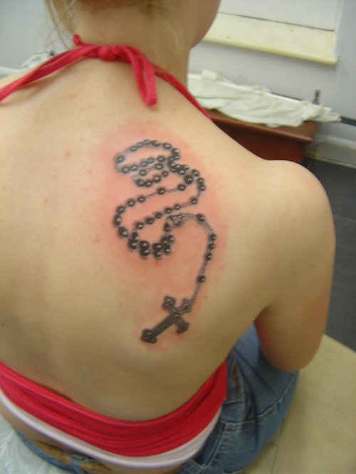 Rosary Christianity Tattoo On Back Shoulder