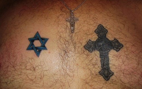 Star And Cross Christianity Tattoo On Man Chest