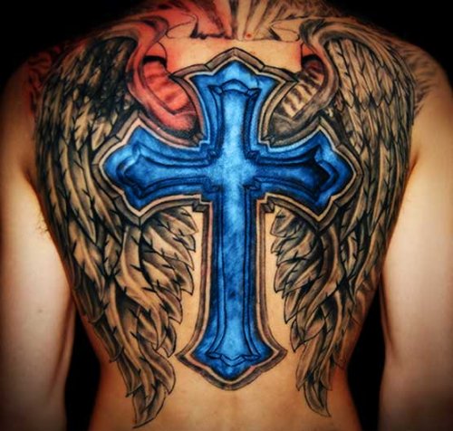 Winged Blue Cross Christianity Tattoo On Back