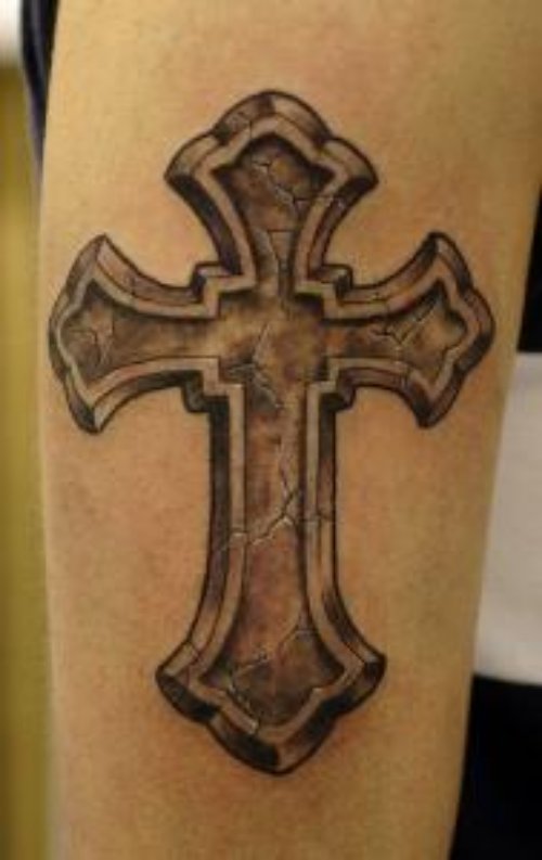 Grey Ink Cross Christianity Tattoo On Arm