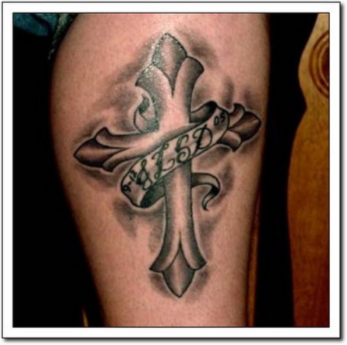 Banner And Cross Christianity Tattoo On Leg