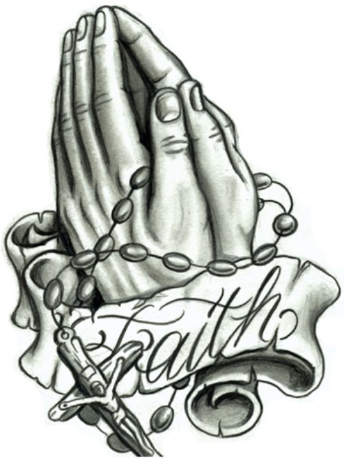 Faith Banner and Praying Hands Christianity Tattoo Design