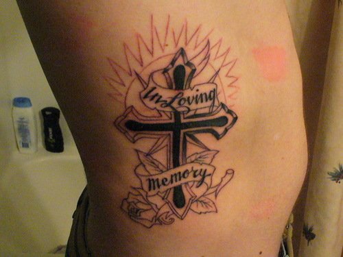 Sun And Cross Christianity Tattoo on Side Rib