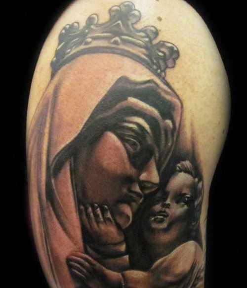 Right Half Sleeve Christianity Tattoo On Shoulder