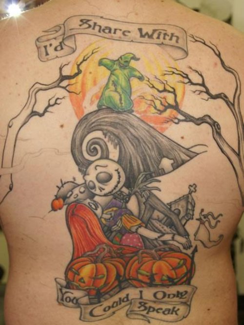 Colored Nightmare Christmas Tattoo On Back