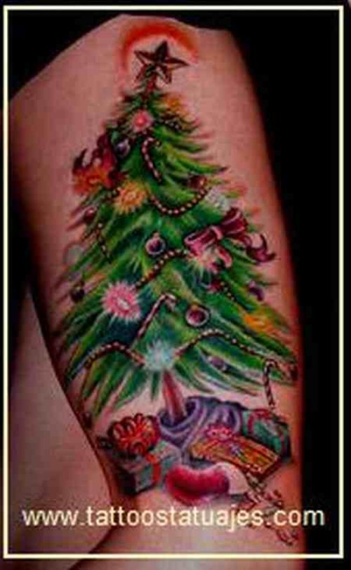 Colored Christmas Tattoo On Left Sleeve
