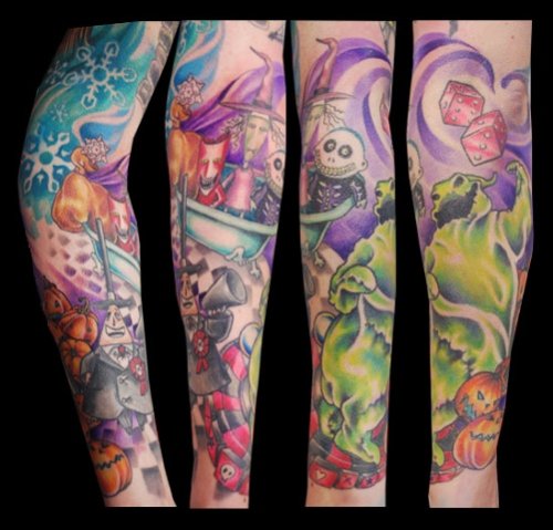 Awesome Colored Christmas Tattoo On Full Sleeve