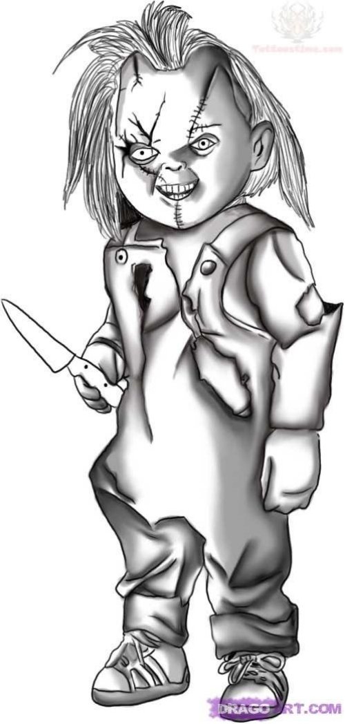 Chucky With Knife Drawing Tattoo Design