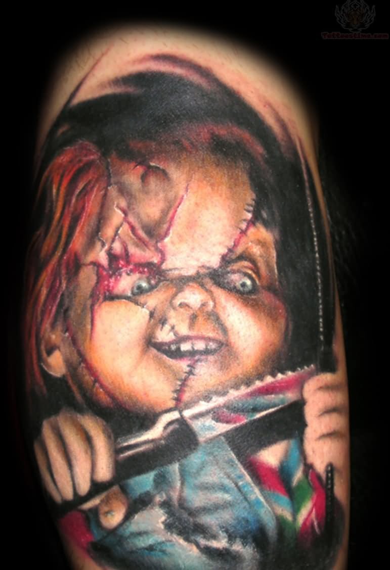 Color Ink Chucky With Knife Tattoo Image